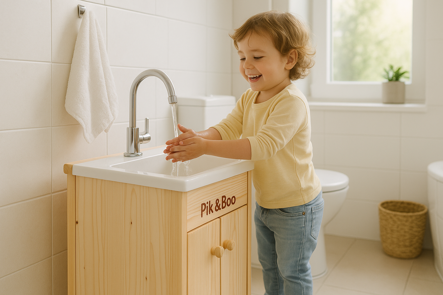 Child using the wooden sink